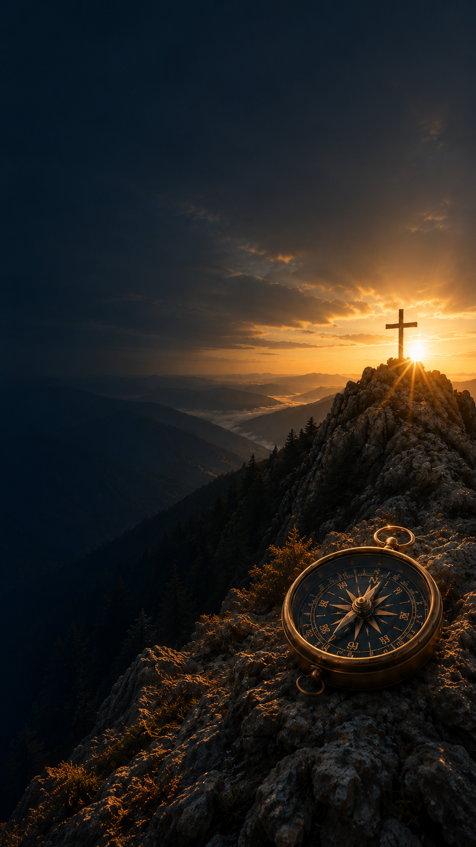 A wooden cross on a mountain summit at sunrise with a bronze compass resting on the rocks — a quiet image of faith and direction.