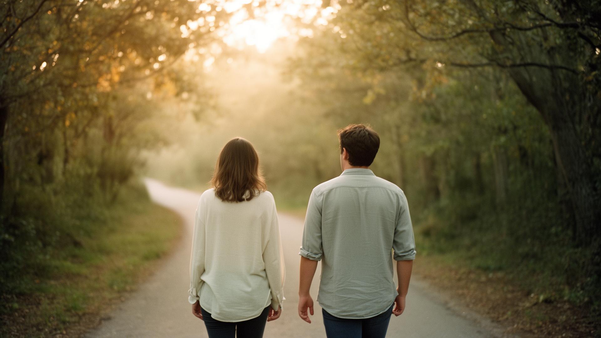 Two people walking side by side down a tree-lined path at golden hour