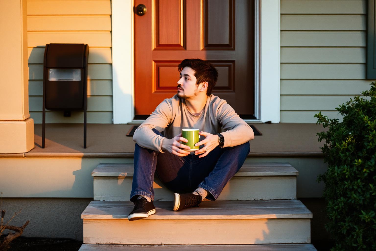 A person sitting on porch steps at sunrise holding a coffee mug