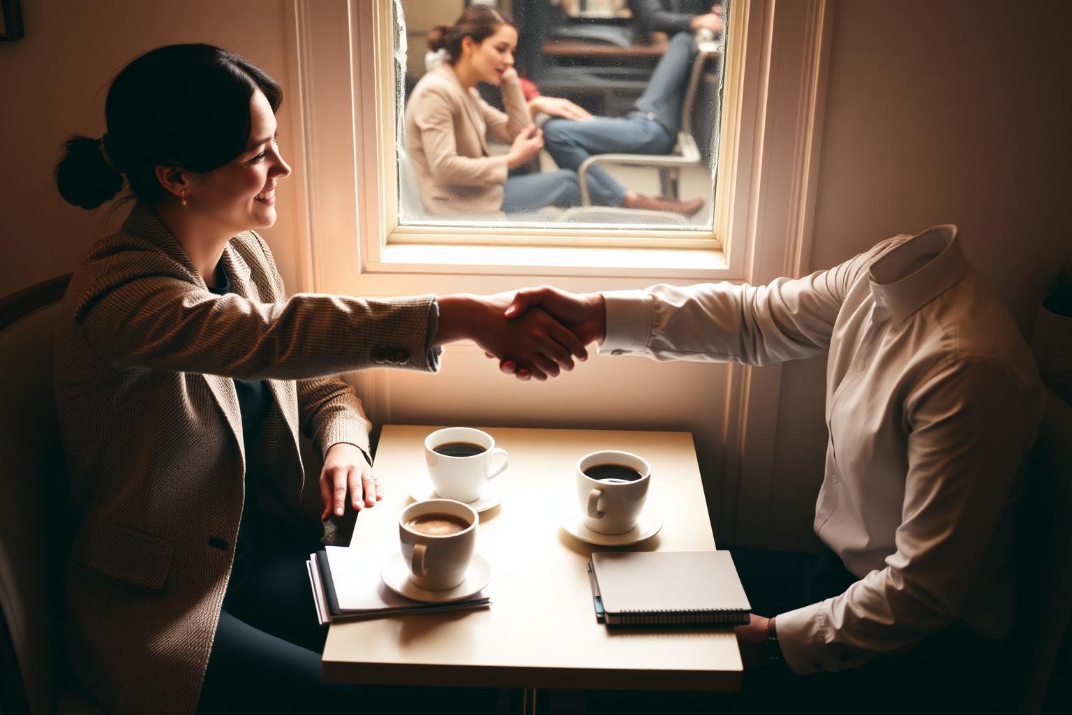 Two business partners shaking hands over coffee at a sunlit cafe table