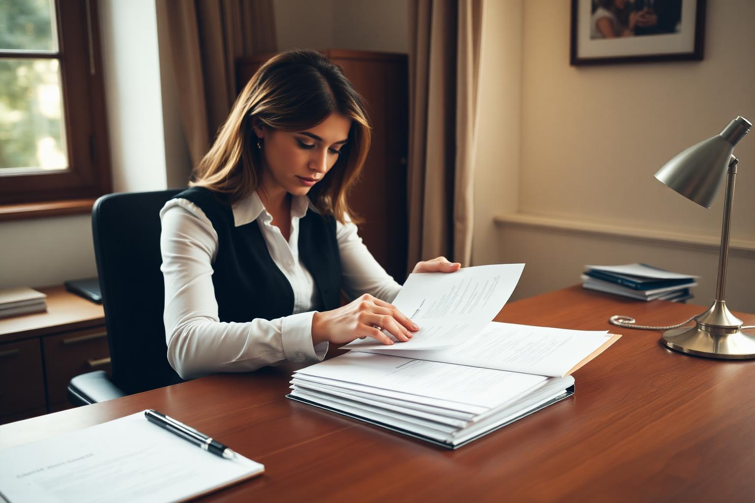A case manager reviewing client paperwork at a sunlit desk