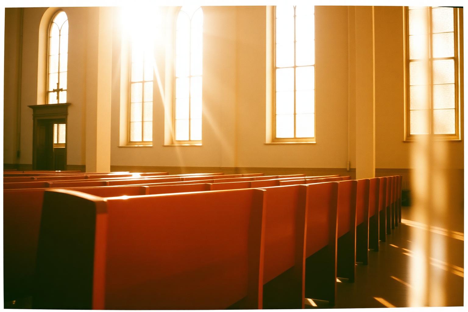 Sunlight streaming through tall windows over empty wooden church pews