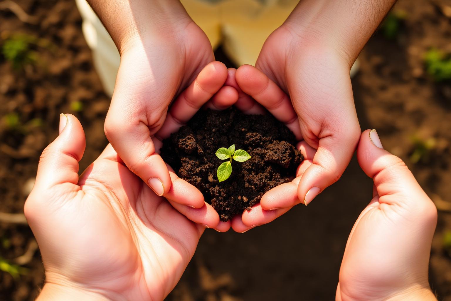 Two cupped hands holding soil and a tender green seedling in warm sunlight