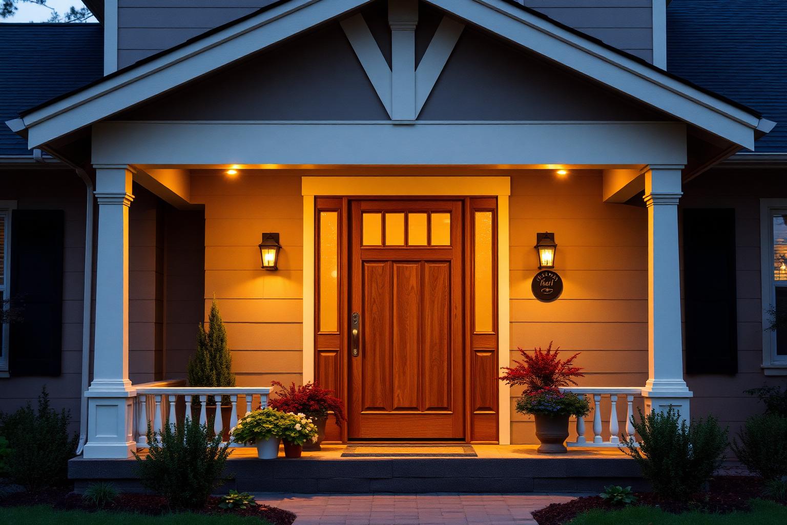 A warmly lit craftsman front porch and door at dusk, welcoming visitors home