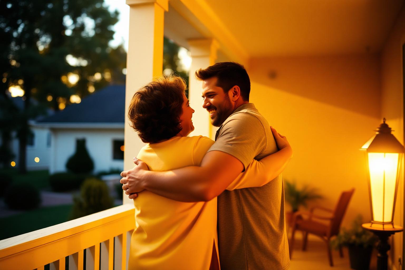 A mother and adult son embracing warmly on a softly lit front porch