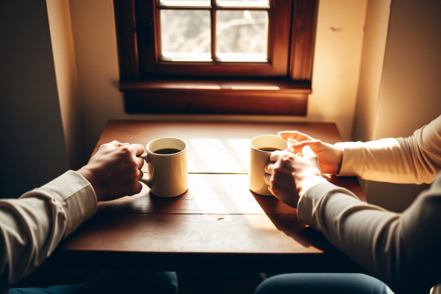 Two people sharing coffee across a sunlit table