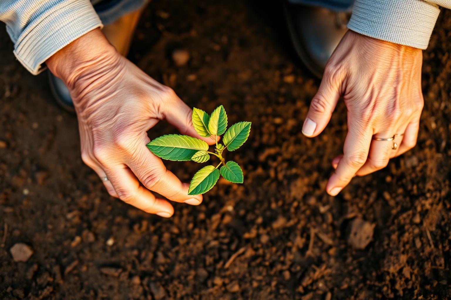 Older and younger hands together planting a seedling in rich soil