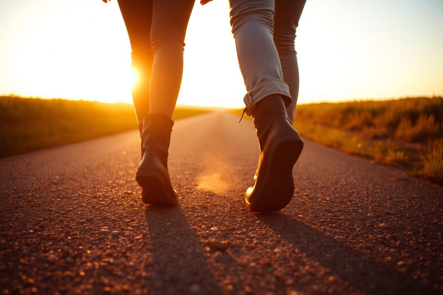 Two pairs of boots walking side by side along a country road at golden hour
