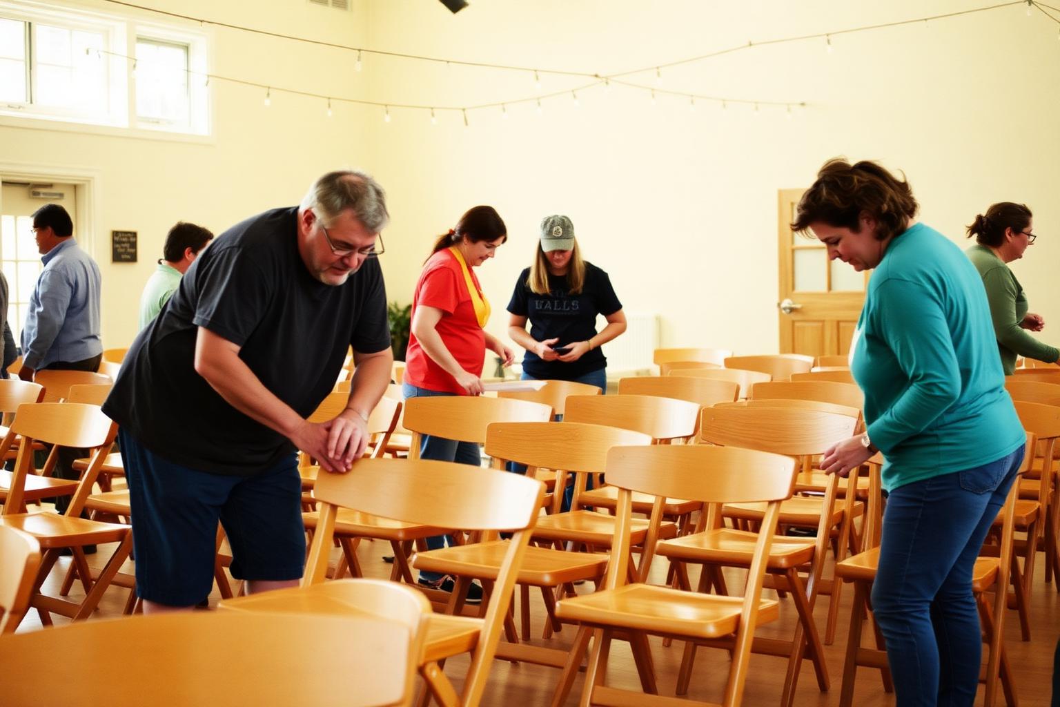 Volunteers setting up wooden folding chairs in a sunlit community hall